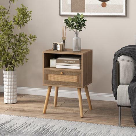 Table de Chevet en Rotin Petite Table d'Appoint avec Tiroir Table de Nuit en Bois Table d'Appoint Compacte Multifonctionnelle Naturel (1/3)