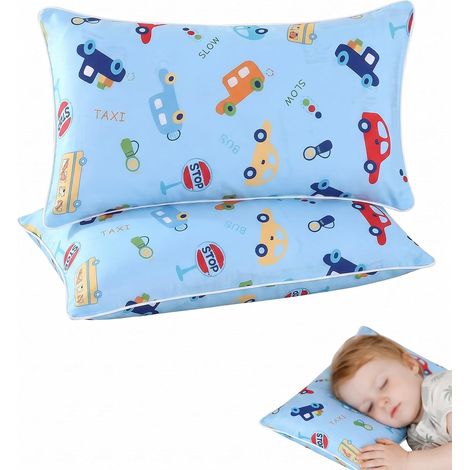 2 Taies d'oreiller Enfant 40x60 cm, Coton Pur avec Ouverture Chevron, Motifs Véhicules pour Sièges Auto, Poussette (1/5)
