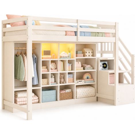 Lit mezzanine 90 x 200 cm avec grand rangement, armoire et échelle latérale intégrée, LED d'ambiance, structure en bois blanc - CHICFURN (1/5)