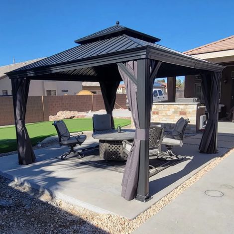 PURPLE LEAF Tonnelle de Jardin Extérieur Pergola Aluminium avec Moustiquaire et Rideaux Pavillon de Jardin à Double Toit Acier Galvanisé, 3.65 x 3.65 m, Gris