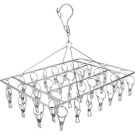 Cintre à chaussettes en métal, séchoir en acier inoxydable avec 36 pinces à linge et crochet pivotant, cintre carré en métal coupe-vent