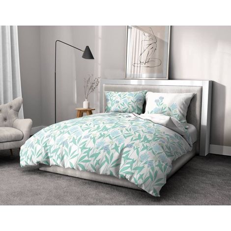 Home Passion  Copripiumino - 3 pezzi  100% cotone - 57 fili  2 persone - 220 x 240 cm  TEMPETE floreale verde e bianco (1/5)