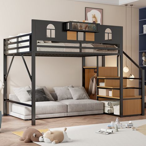 Cama alta de metal (255x145.5x187 cm), con escalera de almacenaje, estante y ventanas, negro (1/5)