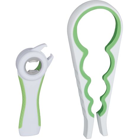 Relaxdays Set Apribottiglie & Apriscatole, 2 Accessori Multifunzionale,Apri-Tutto per Barattoli & Bottiglie,Bianco/Verde, plastica, Gomma, Metallo (1/5)