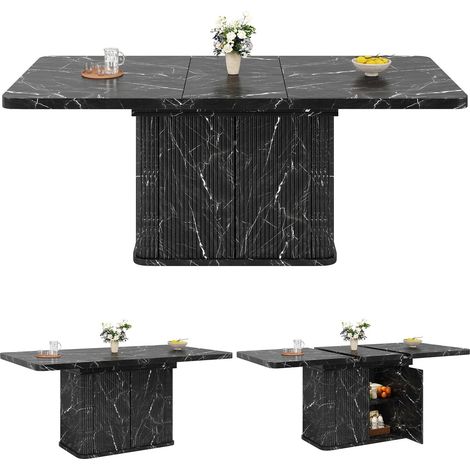 Table à Manger 140‑180 cm avec rangement caché plateau extensible design à reliefs verticaux et effet marbre noir (1/5)