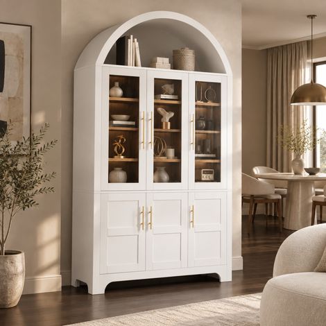 Credenza alta con vetrina 110 x 40 x 185 cm in PB e MDF, ripiani regolabili, bianca, REDOM (1/5)
