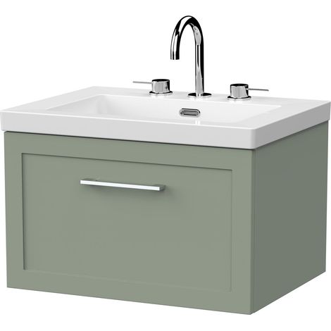 Stonnall Traditional Wall Hung 1 Drawer Vanity Unit with 3 Tap Hole Fireclay Basin, 600mm, Reed Green
