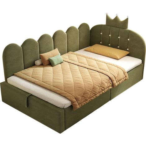 CHICFURN Lit banquette 90x190 cm en velours vert avec coffre hydraulique, design couronne et grille, sommier à lattes, idéal petite chambre et chambre d'amis (1/5)