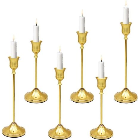 Bougeoir Doré 6 Pièces (16/19/23 cm), chandelier vintage en métal à tige, base stable antidérapante, idéal pour table, mariage, salo (1/5)