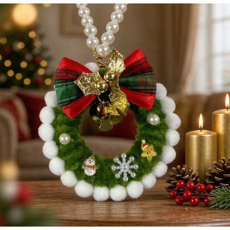 Kit de bricolage couronne de Noël boules blanches, suspension perles avec nœud tartan et cloche (1/4)