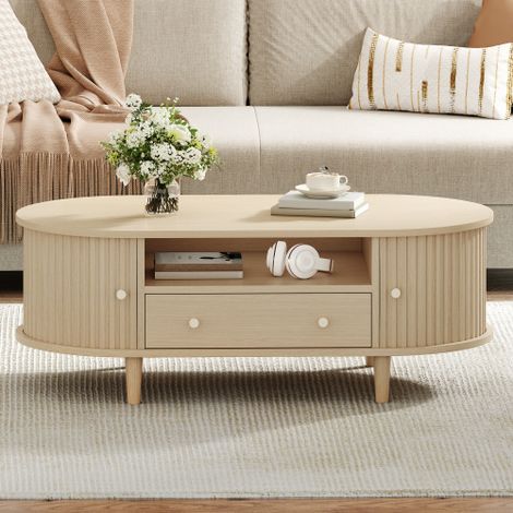 Table basse 100x50x36 cm en placage noyer - 1 tiroir et 2 portes coulissantes - MDF - Naturel