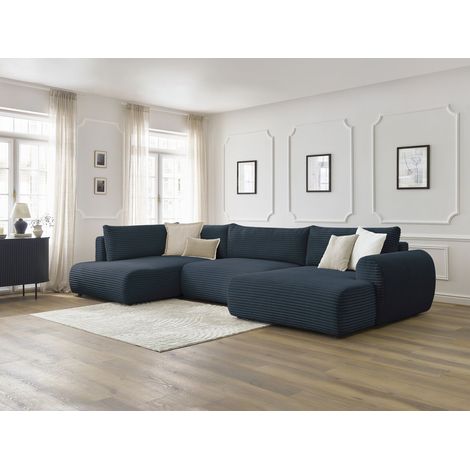 BOBOCHIC - Canapé panoramique convertible coffre LUCIEN gros côtelé doux Angle droit  Bleu foncé (1/5)