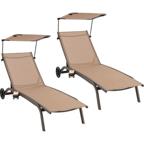 Set of 2 Metal Patio Loungers with Canopy & Wheels (1/5)
