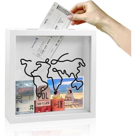 Cadre photo 3D à remplir, cadre photo avec espace de rangement, support pour tableau, 20 x 20 x 4,4 cm. Cadre 3D à remplir, pour ranger billets, photos, cartes postales, boîte à souvenirs de voyage. (1/3)