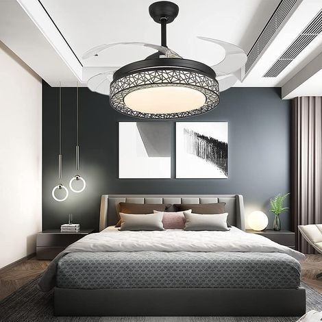 Ventilateur de plafond lumineux silencieux – 4 pales – 6 vitesses – Télécommande – Lumière dimmable 3 couleurs – Noir moderne (1/4)
