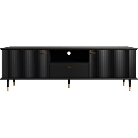 TV-Möbel aus schwarzem MDF mit Türen, offenem Fach und Schublade, lackiert, Soft-Close (1/5)