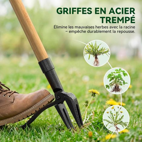 Arrachoir à Mauvaises Herbes en Bambou avec Long Manche et Griffe à 4 Dents – Outil pour arracher Les Mauvaises Herbes et piocher Les pissenlits (1/5)