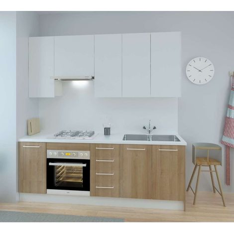 Cocina Kit-Chef sin encimera y sin zocalo de 220 cm de ancho en blanco y roble. (1/3)