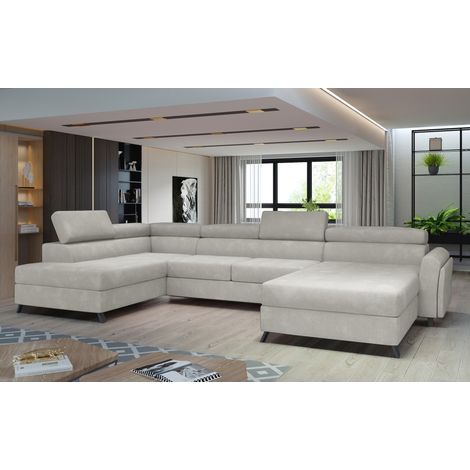 Canapé panoramique Beige 5 places angle gauche mousse T30 et HR CLOTIS