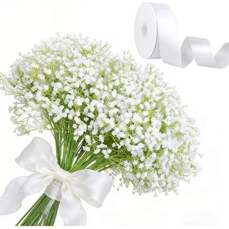 20 pezzi di Gypsophila artificiale da 29 cm, fiori di Gypsophila sfusi, effetto "tocco reale", con nastro di raso da 22 m per bouquet da sposa, decorazioni per matrimoni e casa. (1/5)