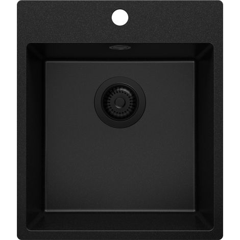 PRIMAGRAN Evier Cuisine en Granit 43x50cm, Lavabo 1 bac + Kit de Vidage, Évier à Encastrer au meuble 45cm - Riga, Tout Noir (1/5)