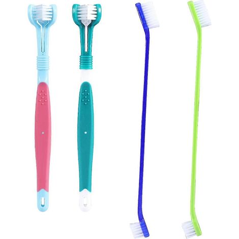 Ensemble de 4 accessoires pour animaux de compagnie à long manche, brosse à dents pour chats et chiens, 2 têtes de brosse triples à poils souples (1/2)