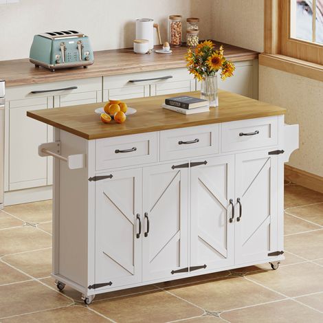 MEUBLIV îlot de cuisine 140 cm blanc et naturel – plan de travail rabattable (1/5)