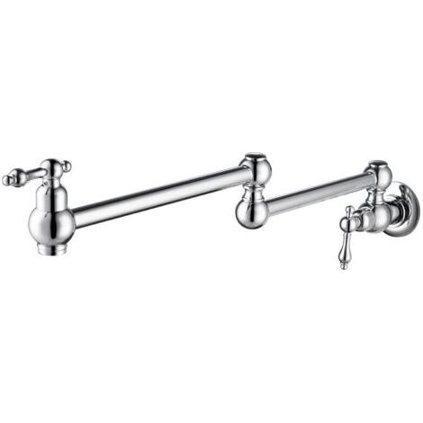 Robinet de Cuisine en Laiton Pliable Pivotant Pot de Remplissage Robinet d'Eau Froide Cuisine Mitigeur Robinet d'évier Mural avec Bras Pivotant Double Joint Monotrou, Or Brossé (1/4)