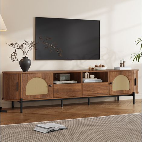 Meuble TV noyer avec rotin, portes coulissantes, 2 tiroirs et pieds métal noirs,200x40x49,5 cm (1/5)