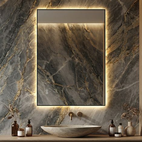 Miroir mural salle de bain LED 50x70 cm, cadre aluminium, rétroéclairage antibuée, 3 teintes lumineuses réglables en continu, mémorisation, glace argentée 5 mm sans cuivre (1/5)