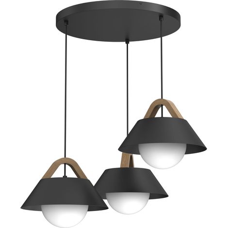 Suspension décorative 3 lumières E27 noire et bois Luminex Funda style loft scandinave (1/2)