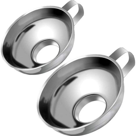 Set mit 2 Einwegtrichtern aus Edelstahl mit breiter Öffnung zum abfallfreien Umfüllen von Flüssigkeiten, Ölen, Pulvern und Marmeladen. (1/5)