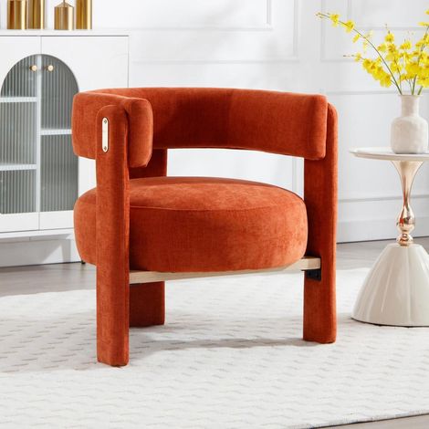 Fauteuil Lounge Velours Chenille Orange Design Nordique Assise Confortable Bois (1/5)