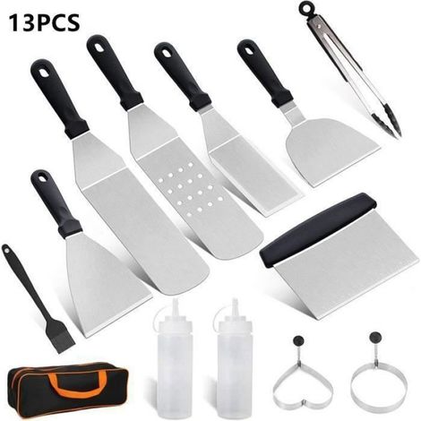 13 Pièces Ustensiles de barbecue, Spatule en acier inoxydable, Grattoir, Pince, Brosse, Anneaux à oeufs, Pour cuisson Teppanyaki (1/4)