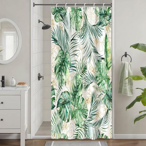 Rideau Douche Anti Moisissure, Rideau Douche Petit 90x180cm Tropical Vert Jaune Feuilles de Palmier Jungle Rideaux de Baignoire Tissu Lavable Imperméable Rideaux Salle de Bain avec 6 Crochets - 90L X (1/5)