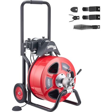VEVOR Deboucheur Canalisation Electrique 30 m x 19 mm Furet Electrique Alimentation Auto Machine Debouchage sur Roues pour Canalisations Tuyaux 100-200 mm, avec 4 Tetes de Coupe, Interrupteur au Pied (1/5)