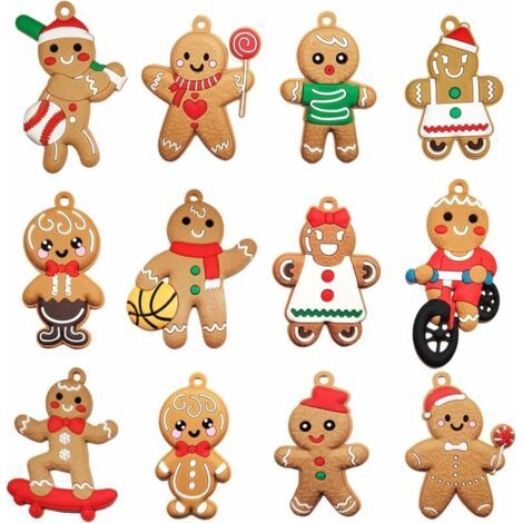 12 décorations de sapin de Noël en forme de bonhomme en pain d'épice, adorables décorations de Noël pour la maison, cadeau gourmand, 5 x 7,5 cm (1/5)