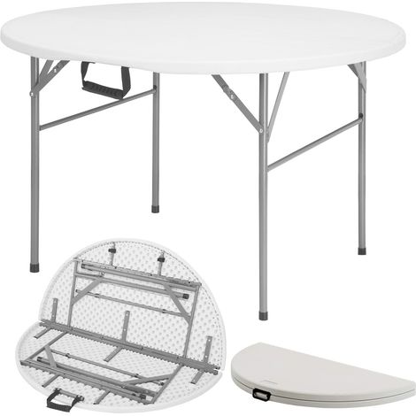 Klapptisch Shiga Runder weißer Gartentisch Faltbar mit Tragegriff 120 cm Durchmesser (1/3)