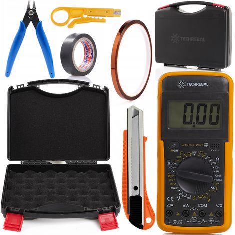 Multímetro Techrebal + estuche + pelacables + cinta aislante + alicates + kapton + cuchillo económico