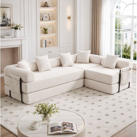 Divano modulare 270x180x64 cm beige in velluto a coste con tasca laterale e funzione letto (1/4)