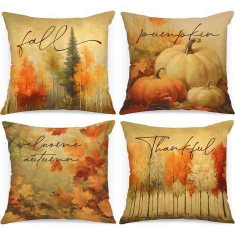 Juego de 4 fundas de cojín decorativas de otoño, 45x45 cm, calabaza en acuarela, bosque, hoja de arce, para estilo rústico, Acción de Gracias, Halloween (1/5)