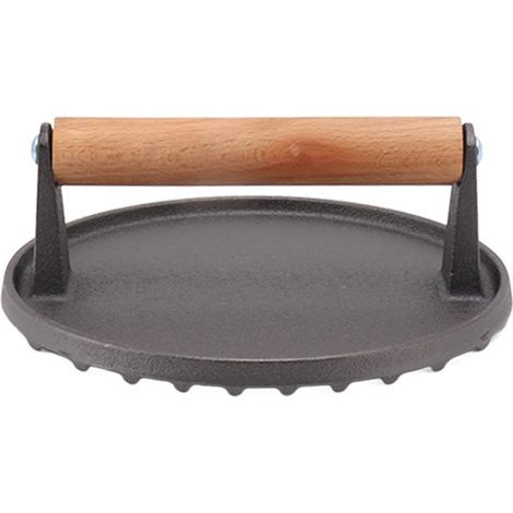 Presse à griller, en fonte, surface rainurée, poignée en bois confortable pour barbecue et cuisson de steaks (1/5)