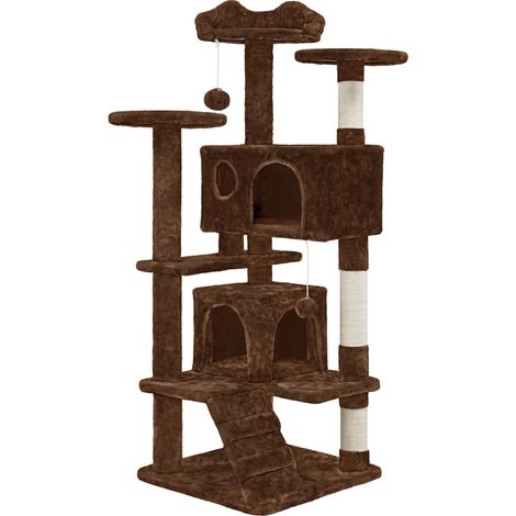 Yaheetech – Arbre à chat 139 cm – 2 niches et 3 plateformes – 3 poteaux en sisal – Sangle de sécurité incluse – Pour 3-4 chats, marron