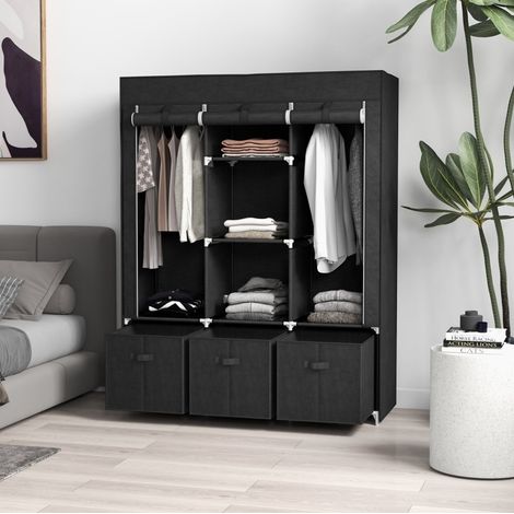 Armadio guardaroba 125x43x162.5 cm nero in acciaio con 3 cassetti e copertura antipolvere (1/5)