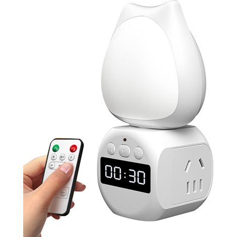 Ortviai Veilleuse LED blanche rotative 350° avec horloge intégrée et prise double, commande à distance (1/5)