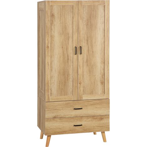 HOMCOM Wardrobe with 2 Drawers Hanging Rail, 180 cm Storage Closet, Natural