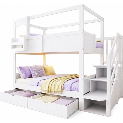 Lit superposé enfant 90x200 cm style maisonnette en bois avec étagère flexible, tableau amovible, échelle de rangement et 2 tiroirs, blanc CHICFURN (1/5)
