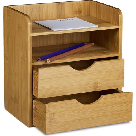 Relaxdays Desk Organiser, Size: 21 x 20 x 13 cm Bamboo Storage System for Organizing your Office Desk with 2 Shelves and 2 Removable Drawers Storage Box for Letter Filing for Work, Natural Brown (1/4)