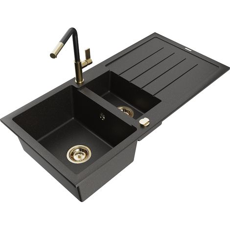 Mexen Andres 1,5-Becken-Granitspüle mit Abtropffläche und Mischbatterie Flora, Schwarz/gold - 6515-7