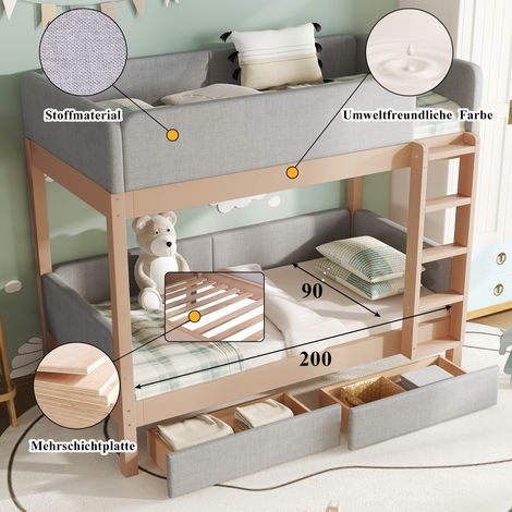 Lit superposé enfant, escalier droit 4 marches, bords en mousse anti-choc, 2 tiroirs, sommier robuste, bois caoutchouc + MDF, gris et naturel, 90x200 cm (1/5)